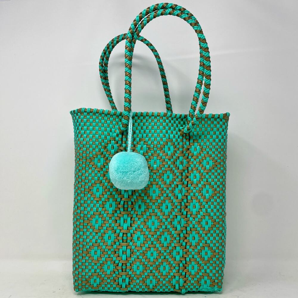 Origin Mexico Handmade Recycled Plastic Tote Bag Teal Gold